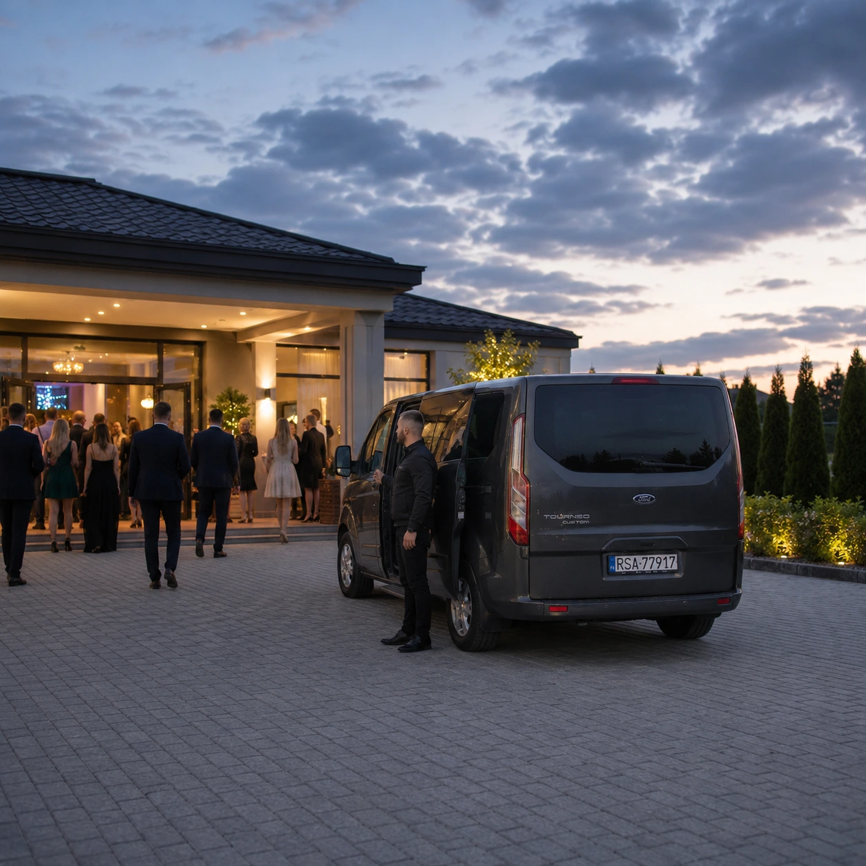 TRANSPORT OSOBOWY Elegancko ubrani ludzie kierujący się z busa do domu, w którym odbywa się przyjęcie.